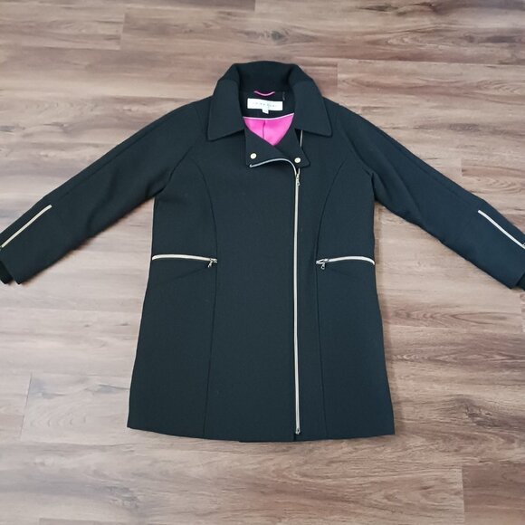 Trina Turk Zipper Black Wool Blend Winter Coat Jacket Size 10 Pink Lining - Picture 1 of 5